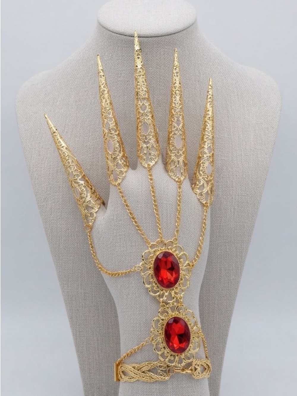 Gold Filigree Hand Bracelet with Red plastic Gem Accents